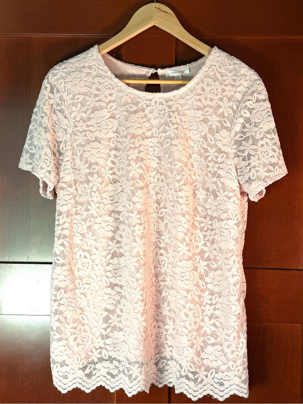 Teddi Rose XL Blush Pink Floral Lace Short Sleeve Lined Top